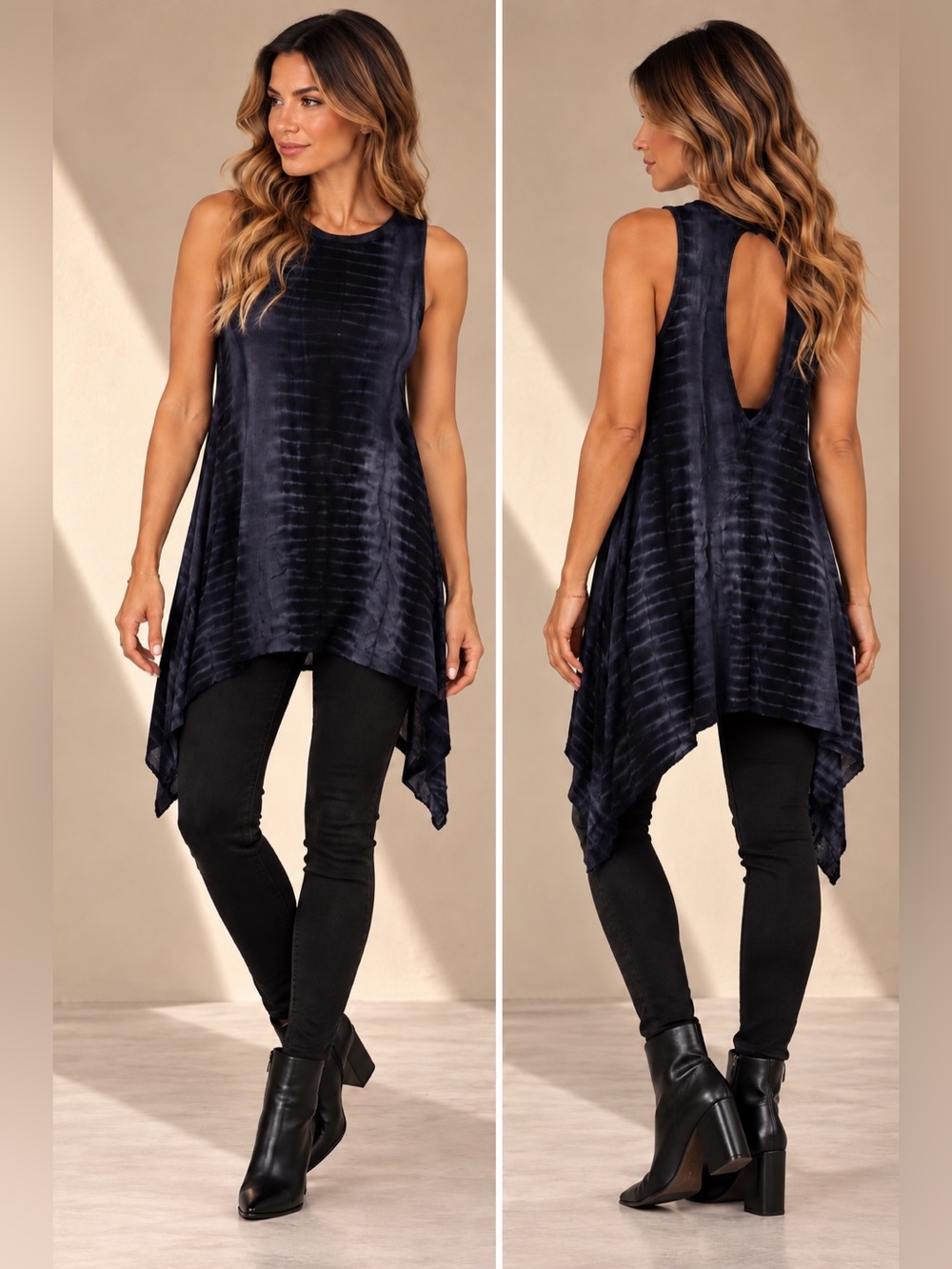 Rock gothic Sleeveless black grey Tie-Dye tunic Handkerchief Hem Top